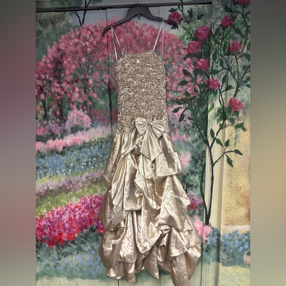 Masquerade Elegant Gold Evening Gown with Bow